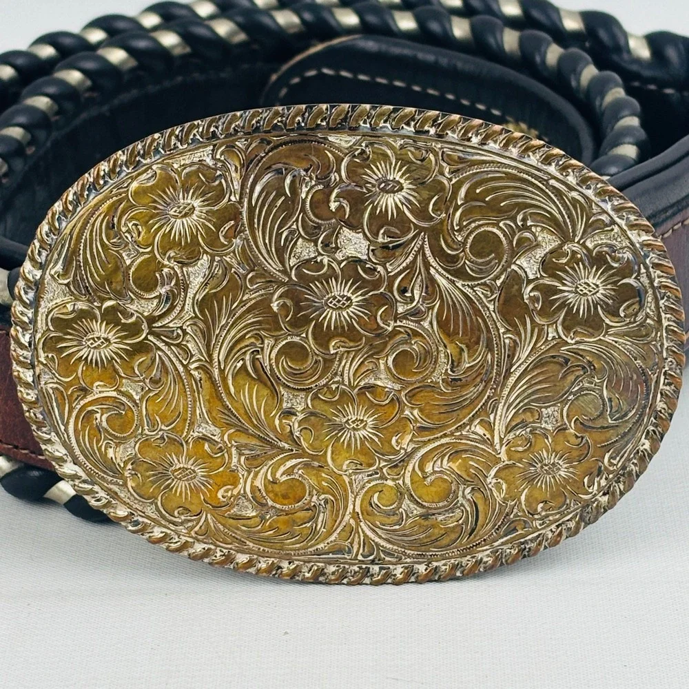Crumrine Floral Silver Nickel Buckle Simco Saddles‎ Brown Leather Belt Waist 30